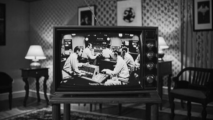 Black and white vintage TV displaying a rocket launch video. Front angle captures retro decor with lamps and wallpaper in the background.