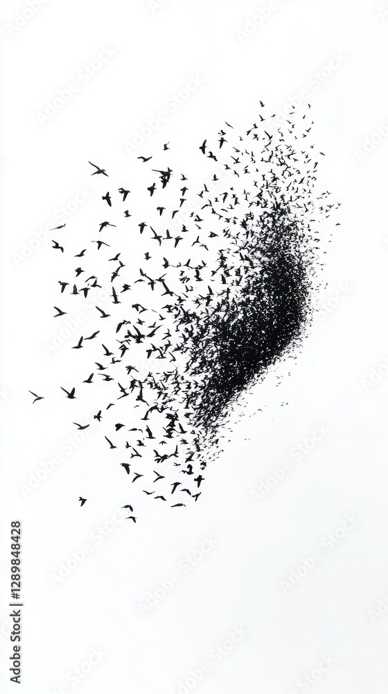 Poster flock of birds in flight creating abstract shape against white background for creative projects
