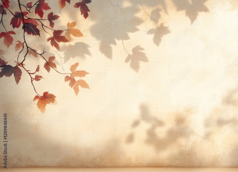 Poster autumn leaf shadows abstract background in warm beige with soft light and nature elements