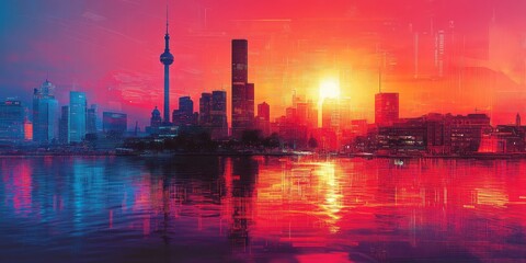 Fototapeta premium Vibrant cityscape reflects in water during sunset or sunrise