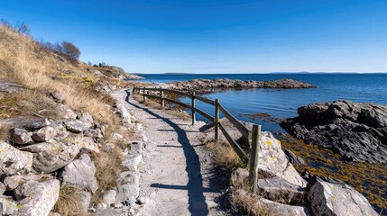 Coastal path with wooden fence, sunny day