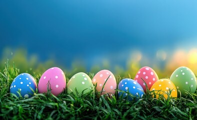 Fototapeta premium Colorful Easter Eggs and Decorated Grass in Spring Scene with Blank Space for Greeting Text