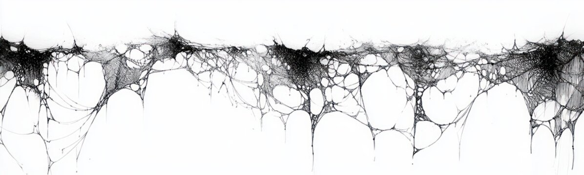 Creepy Black Spider Webs Border on White Background for Halloween Decoration