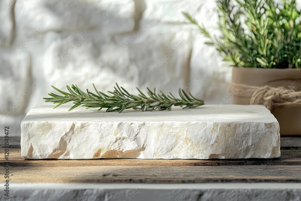 Poster minimalistic white stone pedestal with rosemary branches on rustic table in soft morning light