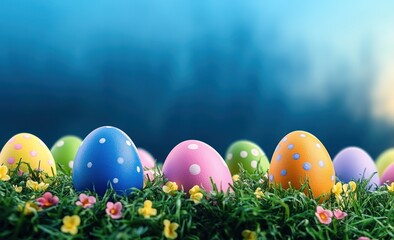 Fototapeta premium Vibrant Easter Eggs and Decorations Nestled in Lush Green Grass Under Warm Sunlight