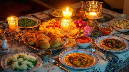 Fototapeta premium Traditional Festive Dinner Table with Dishes and Candles