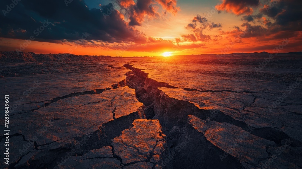 Poster A powerful image of the ground splitting open due to an earthquake, with deep fissures visible as the sunset casts an eerie glow on the scene.