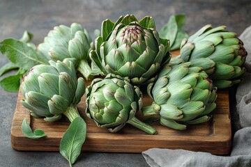 Obraz premium Fresh Green Artichokes on Rustic Wooden Board in Natural Light