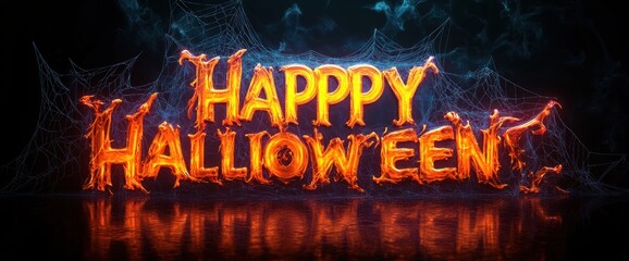 Spooky Halloween Scene with 3D Happy Halloween Letters Covered in Cobwebs