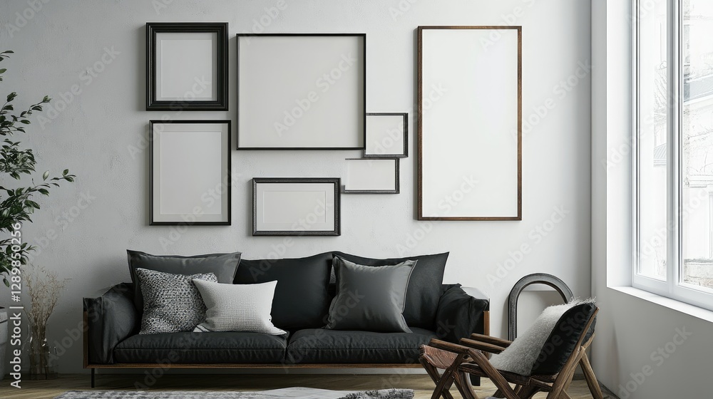 Aufkleber a realistic photo mockup of a gallery wall with different-sized frames, creating a customizable layo