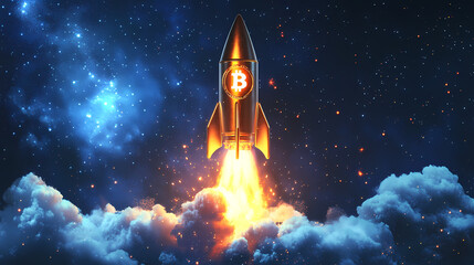 Rocket with Bitcoin symbol launching in space