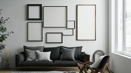 A realistic photo mockup of a gallery wall with different-sized frames, creating a customizable layout for photo art.