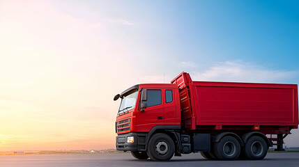 Fototapeta premium Red Dump Truck at Sunset on Asphalt Road