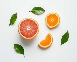 Fresh Citrus Fruits with Green Leaves on Light Background