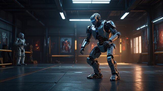 A humanoid combat robot practicing martial arts in a high-tech dojo, ultra-fluid motion, glowing cybernetic joints, futuristic energy field as a training partner, cinematic slow-motion action
