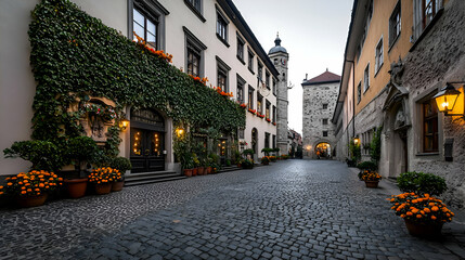 Cobblestone Street in Historic European Town at Twilight