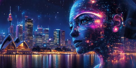Fototapeta premium Digital woman overlooks the cityscape of a futuristic sydney