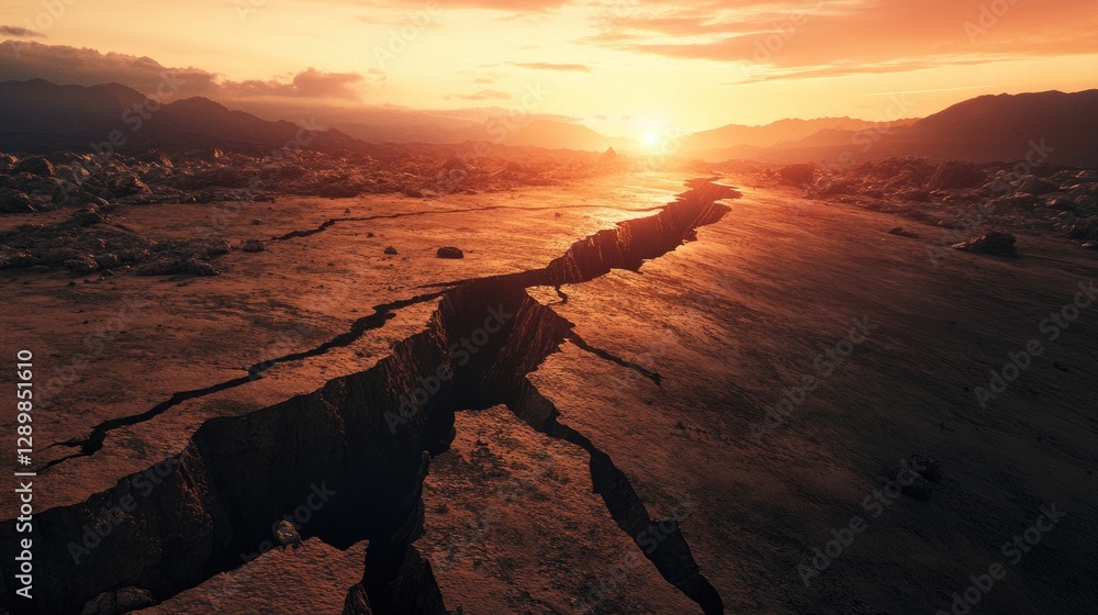 Poster a scene of devastation as the earth splits open during an earthquake, with deep fissures cutting thr