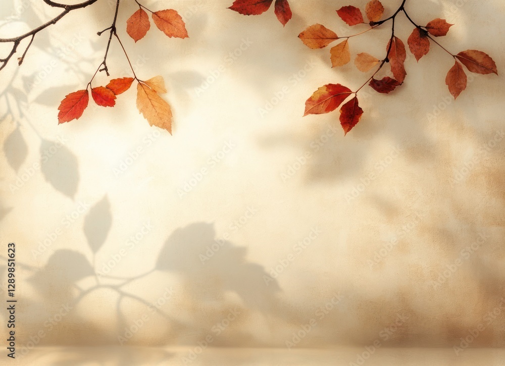 Poster autumn scene with soft light casting maple leaf shadows on beige wall abstract art