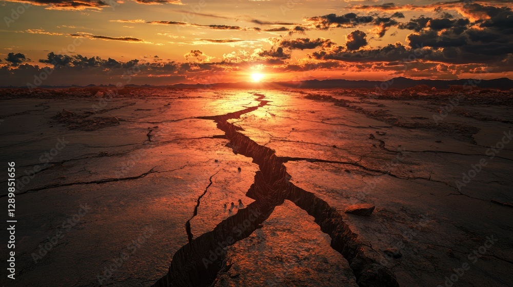 Poster a scene of devastation as the earth splits open during an earthquake, with deep fissures cutting thr