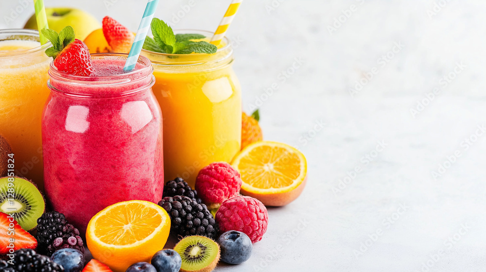 Poster vibrant fruit smoothie: a close-up shot showcases an array of refreshing fruit smoothies in mason ja