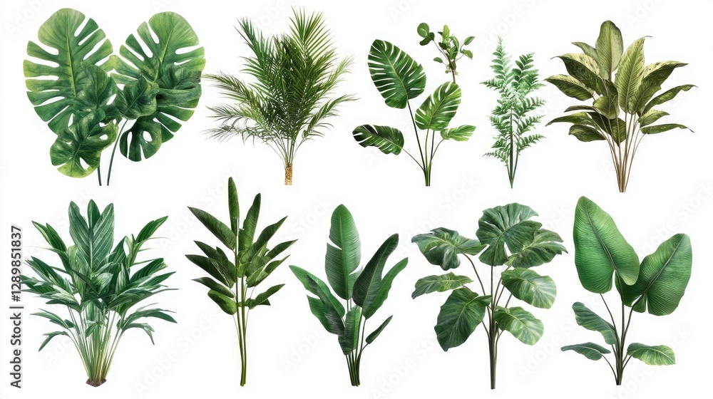 Poster a selection of lush tropical plants, ranging in shape and size, perfect for adding vibrant greenery 