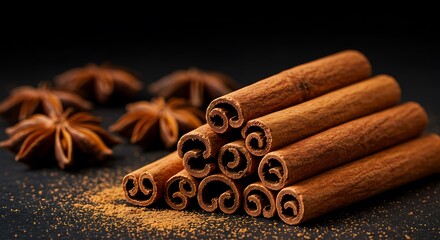 Cinnamon sticks and star anise on dark backdrop - aromatic warmth - culinary blogs