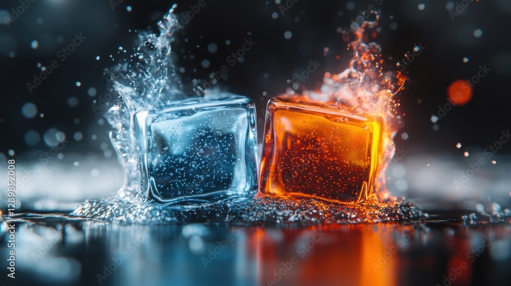 Poster explosive collision of ice and fire cubes frozen and burning in dramatic contrast and motion abstrac