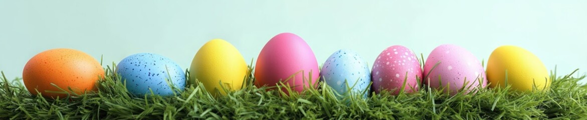 Fototapeta premium Vibrant Easter Scene with Colorful Painted Eggs in Grass for Spring Celebration