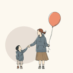 An illustration of a mother and child standing side by side holding balloons.