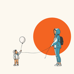 An illustration of a mother and child standing side by side holding balloons.