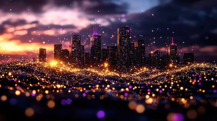 Fototapeta premium Mesmerizing cityscape at dusk with glowing skyscrapers and vibrant lights reflecting on the city streets The urban landscape is illuminated in a magical ethereal glow creating a stunning