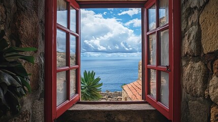 A serene view through a narrow red-framed window, capturing the calm ocean horizon and soft clouds above, set in a rustic, stone-walled building