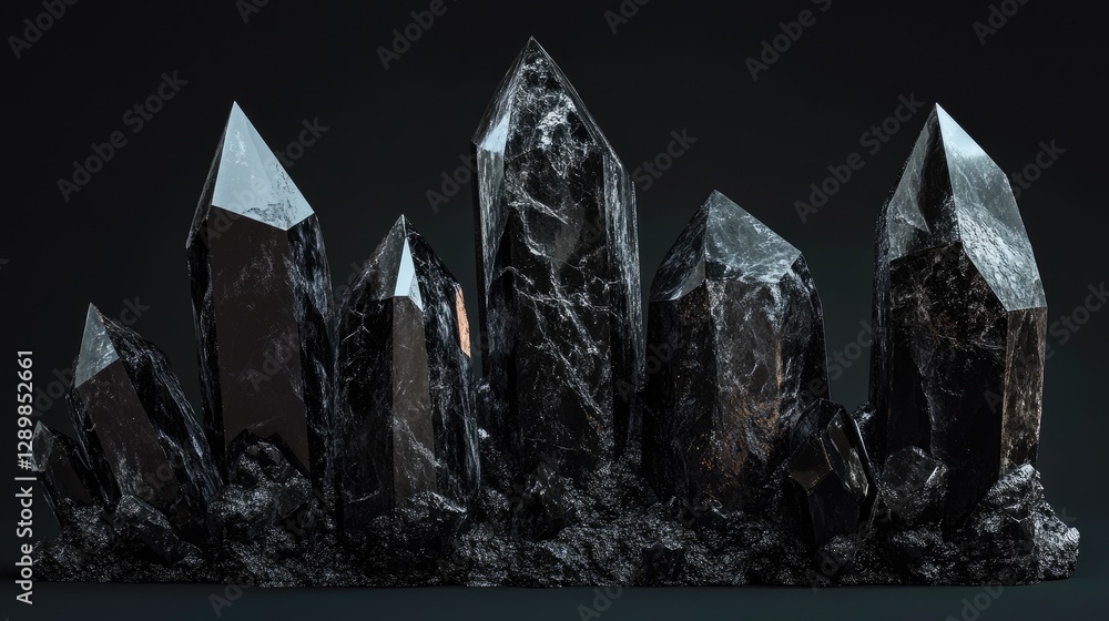 Poster a series of black obsidian crystals with varying textures and forms, isolated on a dark backdrop, ca