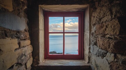 A serene view through a narrow red-framed window, capturing the calm ocean horizon and soft clouds above, set in a rustic, stone-walled building