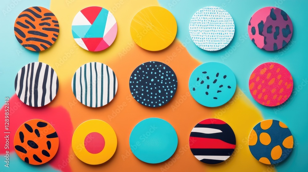 Poster a set of diverse round and square stickers in bright colors, showcasing various designs and textures