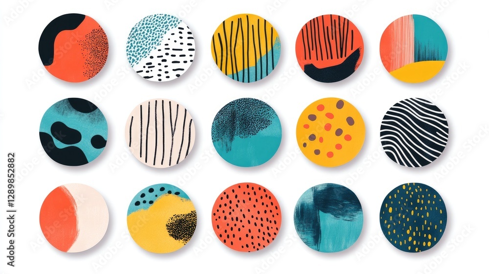 Poster a set of diverse round and square stickers in bright colors, showcasing various designs and textures