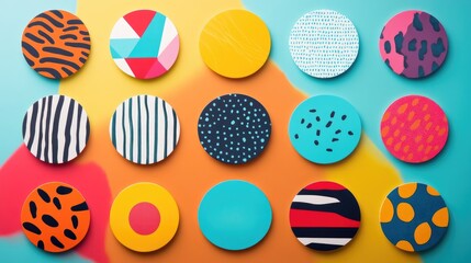 A set of diverse round and square stickers in bright colors, showcasing various designs and textures for promotional use.