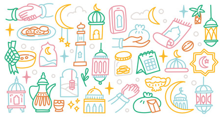Set of Idul Fitri and Ramadan Doodle Line Art Design Element