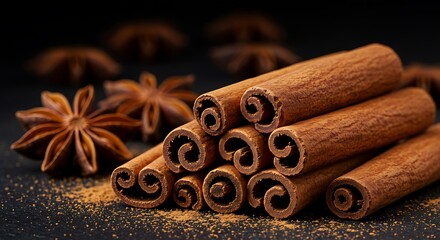Cinnamon sticks and star anise on dark backdrop - Aromatic holiday spice - Culinary projects