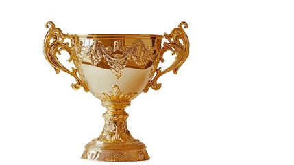 Shiny golden trophy cup with elegant handles, symbolizing achievement and victory, isolated on transparent background 