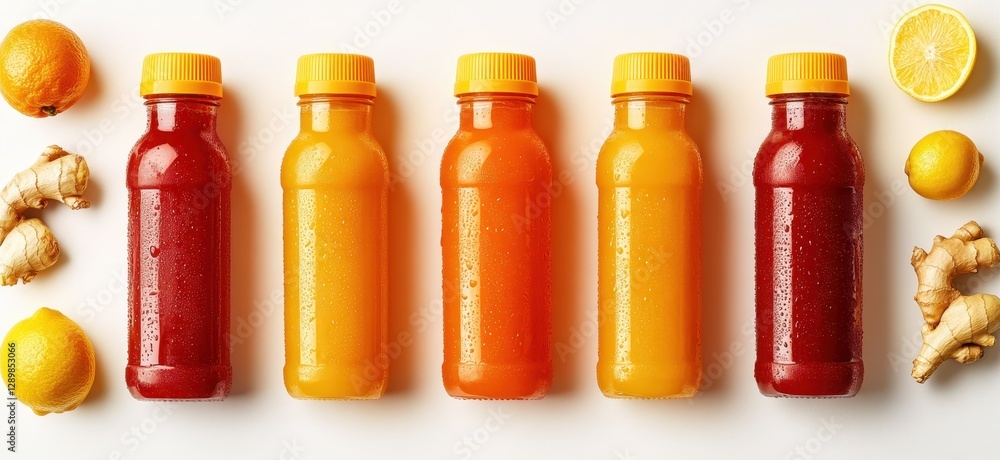Poster freshly pressed juice bottles arranged with citrus fruits and ginger root on a white background for 