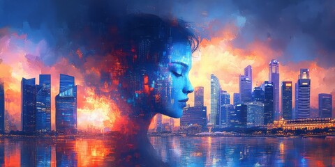 Serene woman blends with cityscape in an artistic rendition