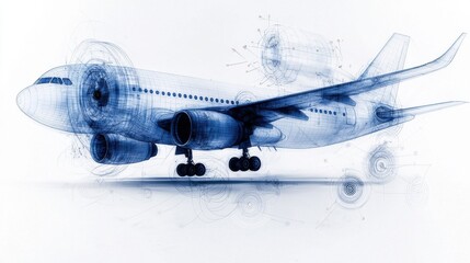 Highly detailed technical blueprint style 3D of a modern commercial passenger aircraft in flight  Showcasing the intricate engineering and design of the airplane s fuselage wings engines