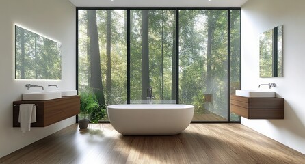 Minimalist Modern Bathroom with Freestanding Bathtub Dual Sinks and Large Windows Overlooking Nature