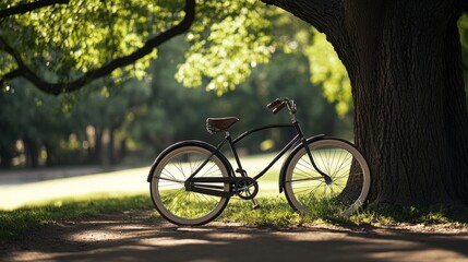 Obraz premium A bicycle rests by a tree, symbolizing simplicity and connection with nature. 