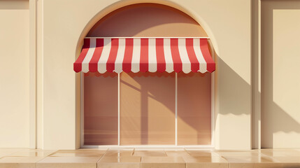 Minimalist Storefront with Red and White Striped Awning and Arched Window