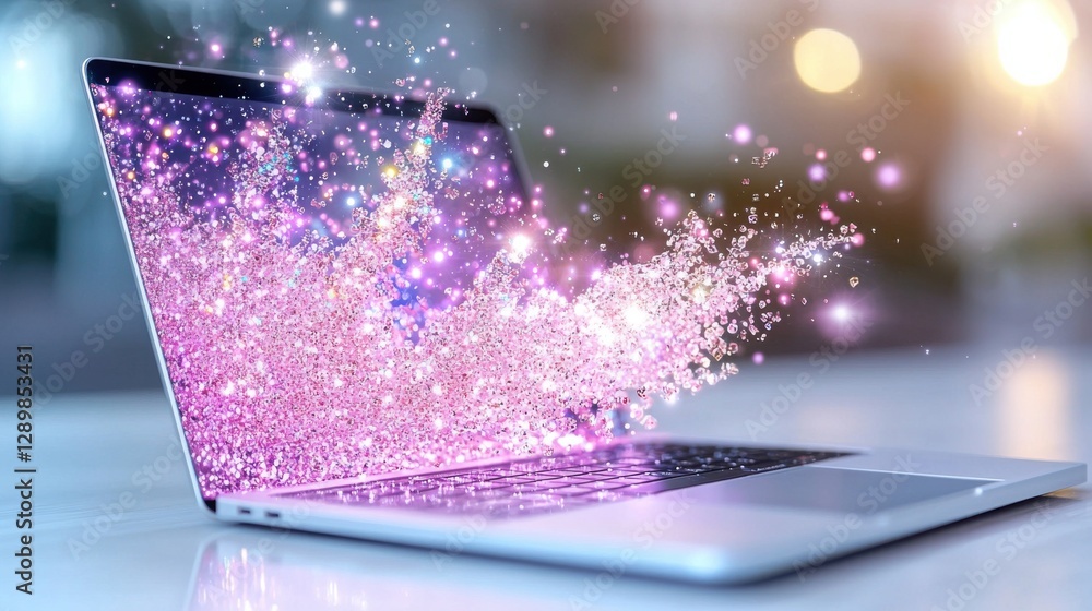 Poster captivating laptop computer with a mesmerizing digital glow surrounded by shimmering sparkles and a 
