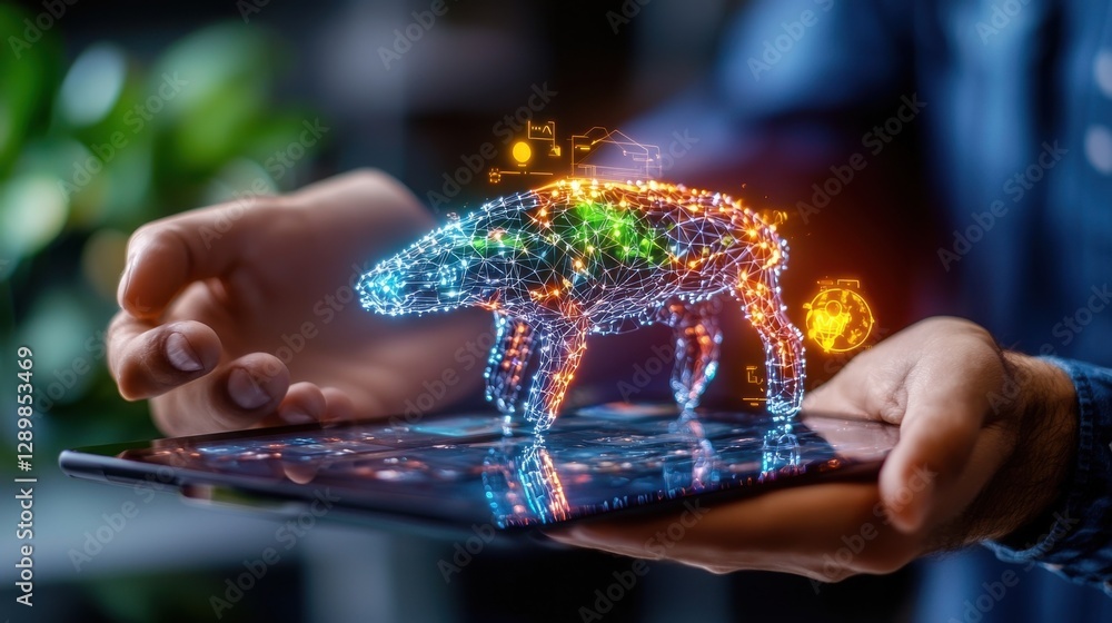 Poster mesmerizing holographic fingertip projection on a futuristic digital tablet device creating a captiv
