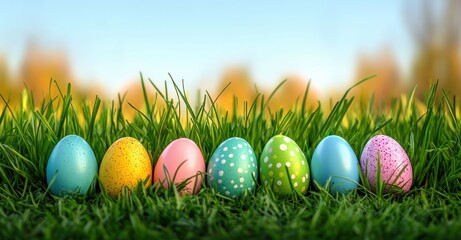 Colorful Easter Eggs in Lush Grass with Bright Sunshine and Festive Candy Decorations